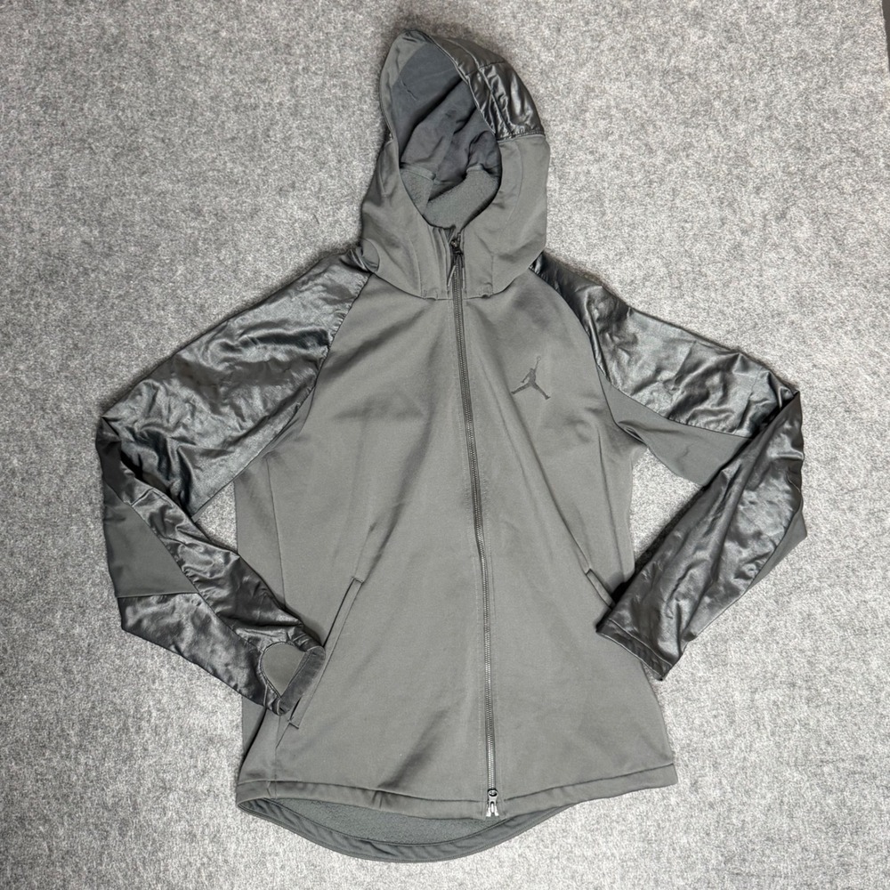 Jordan Mens Full Zip Fleece Hoodie Charcoal Gray Black Mixed Media Jacket Large